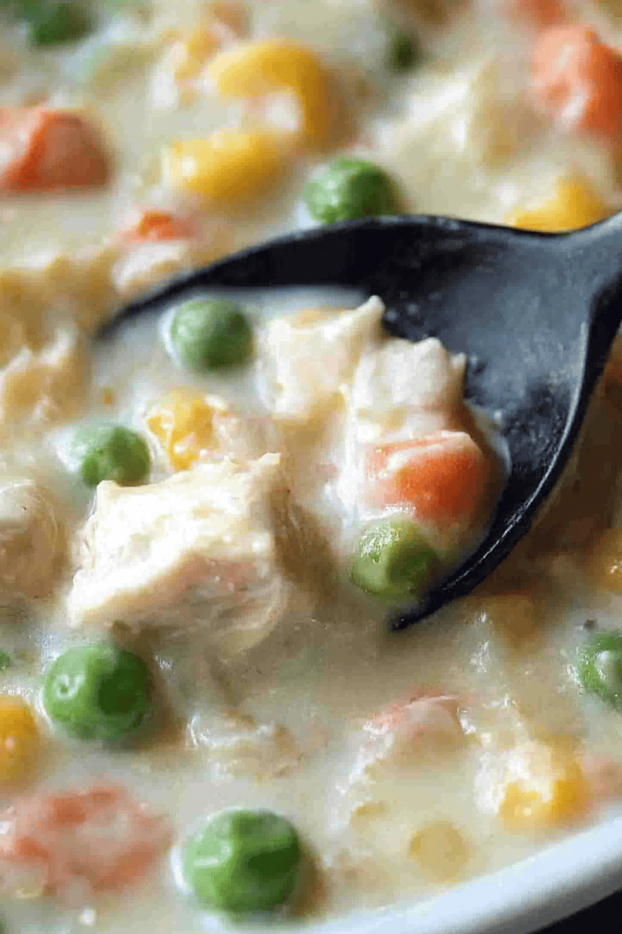 chicken pot pie casserole slice on plate showing perfect texture and swirl pattern