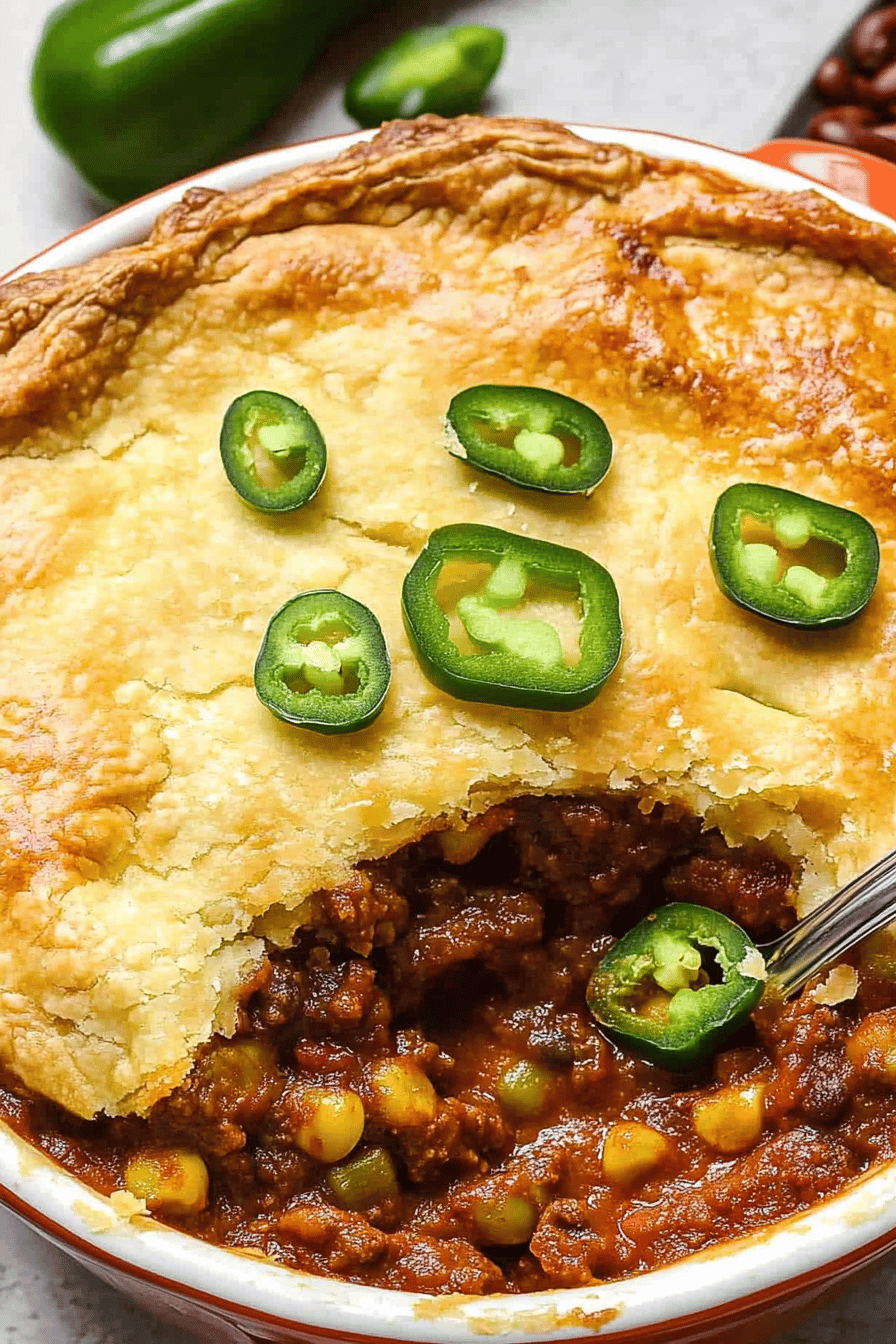 chili pot pie slice on plate showing perfect texture and swirl pattern