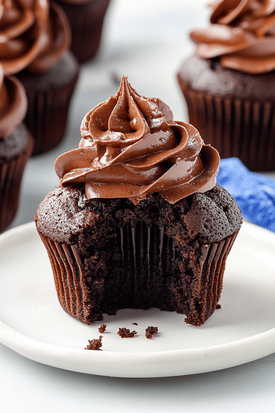 chocolate cupcakes slice on plate showing perfect texture and swirl pattern