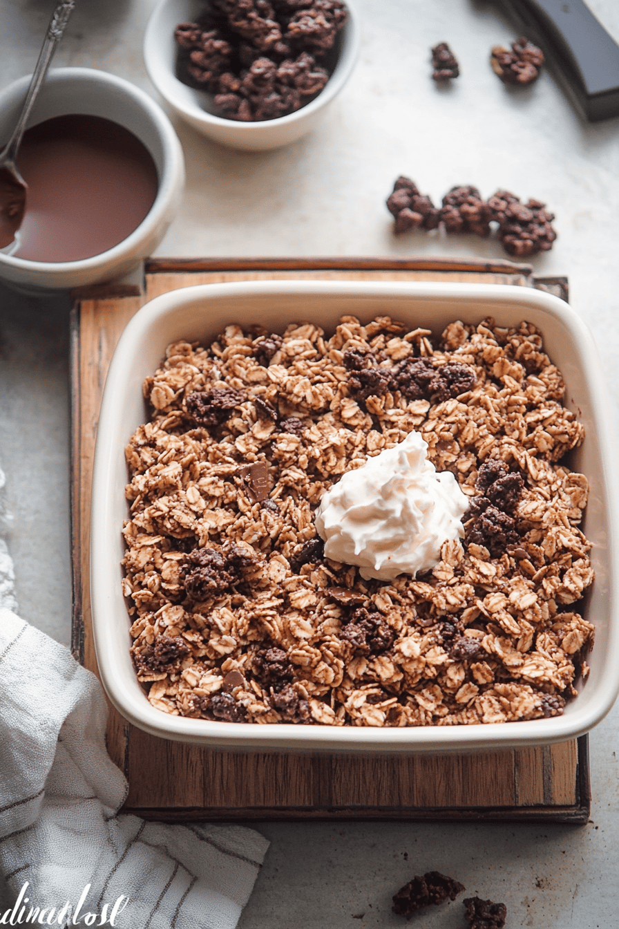 chocolate granola ingredients organized and measured on kitchen counter