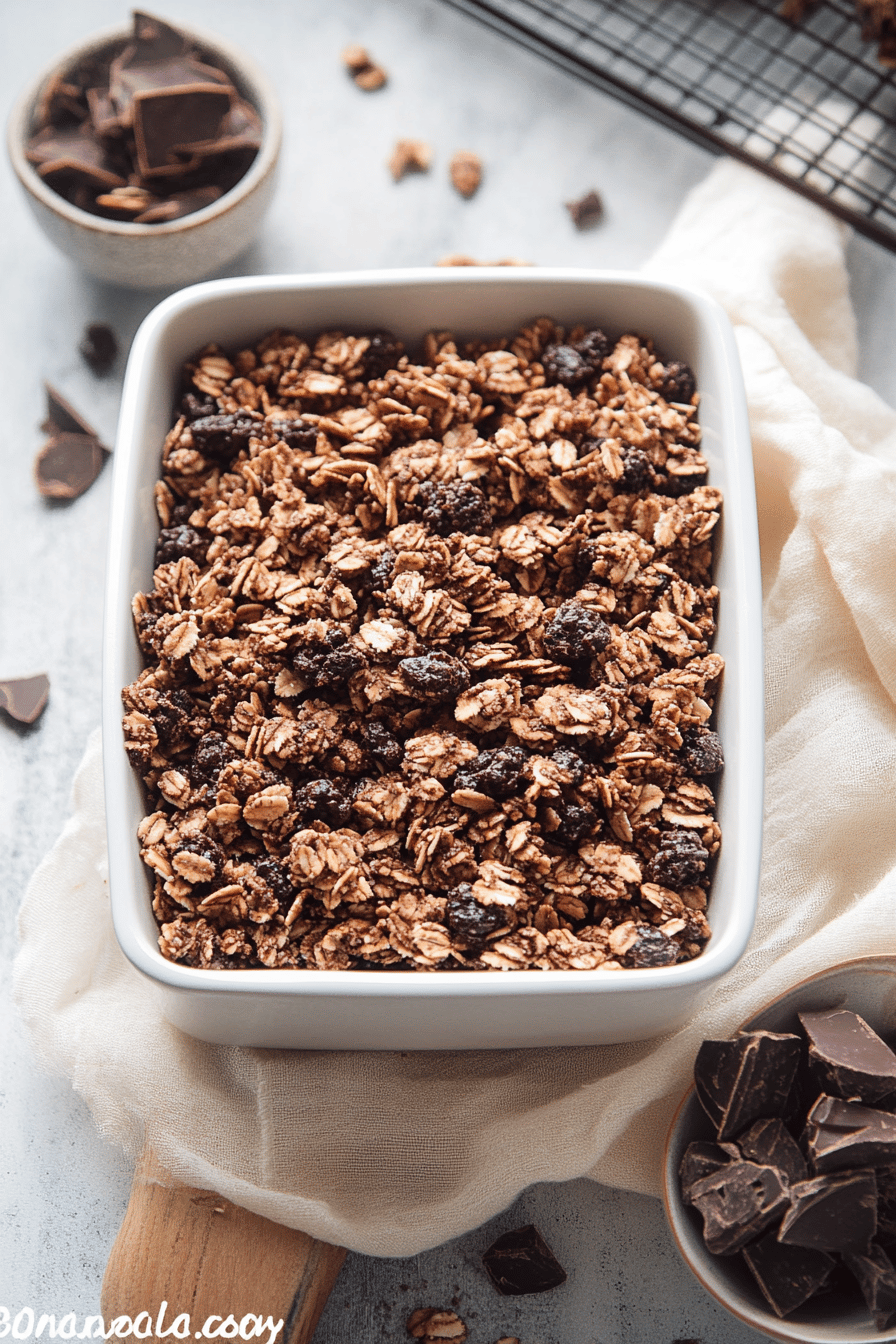 chocolate granola slice on plate showing perfect texture and swirl pattern