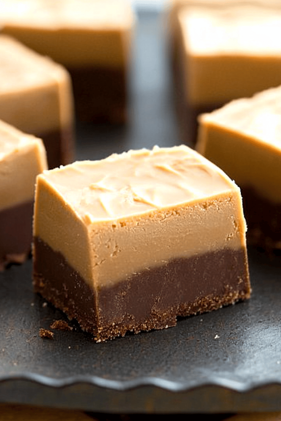 chocolate peanut butter fudge slice on plate showing perfect texture and swirl pattern