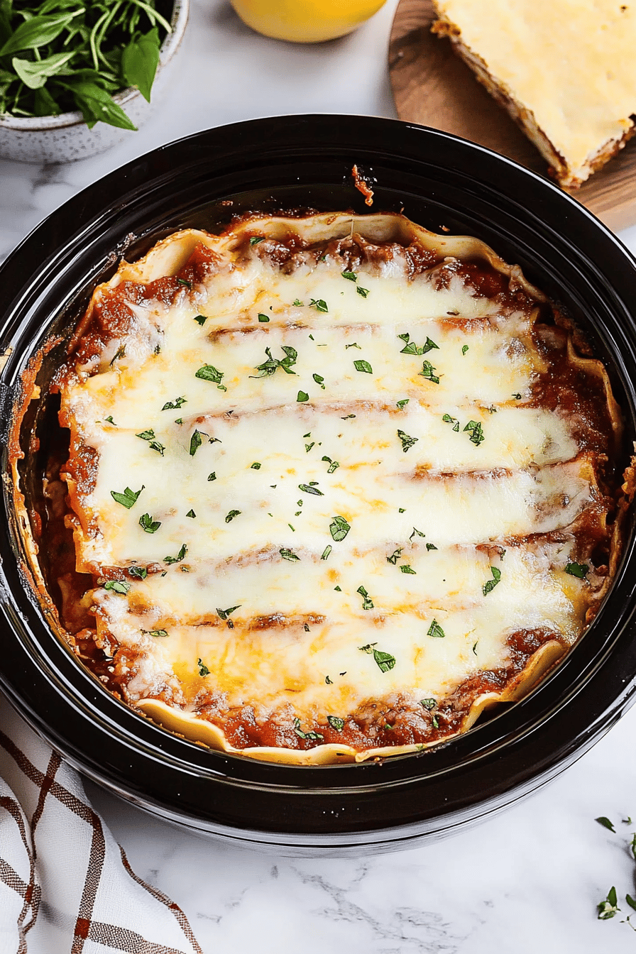 crockpot lasagna slice on plate showing perfect texture and swirl pattern