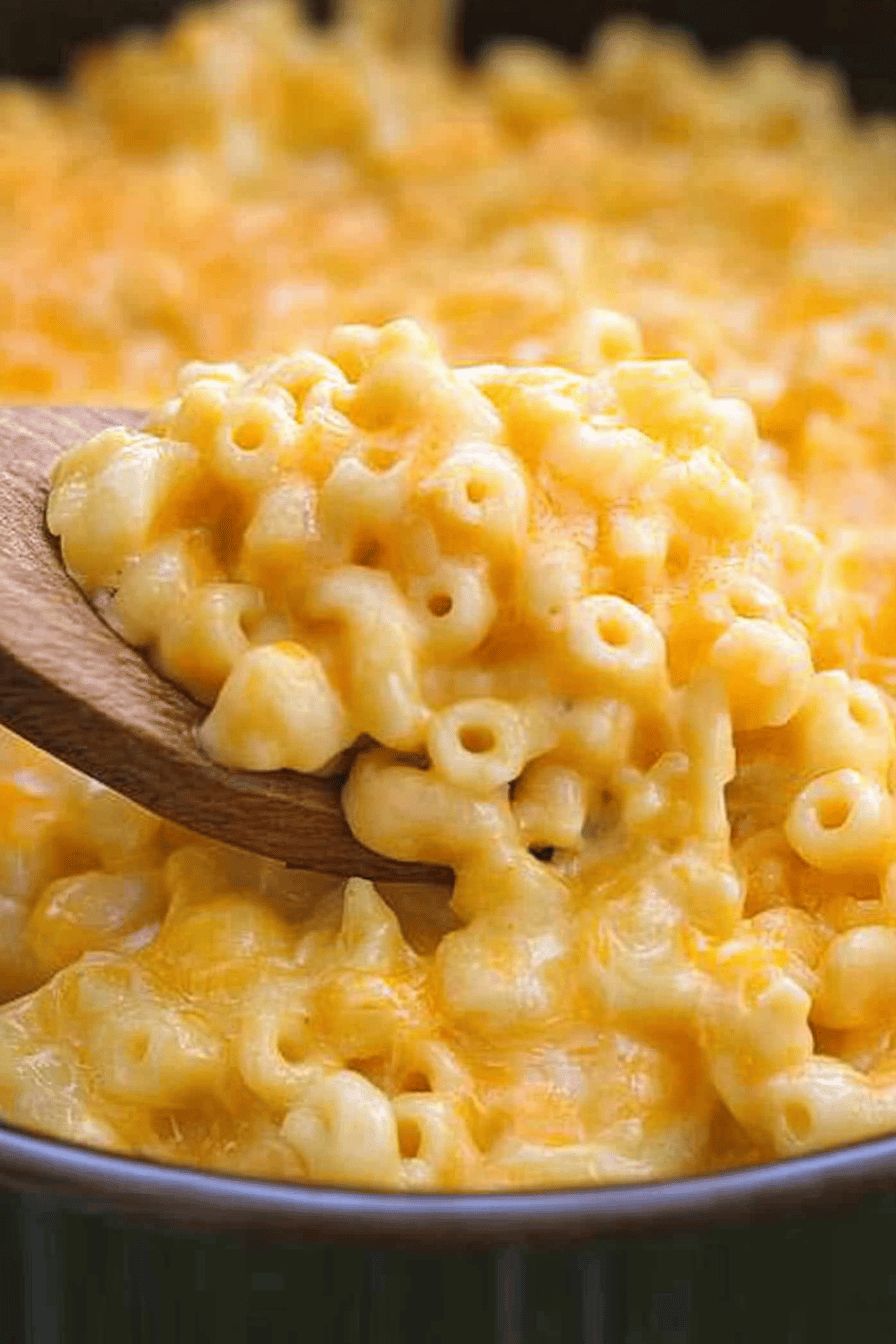 crockpot mac and cheese slice on plate showing perfect texture and swirl pattern