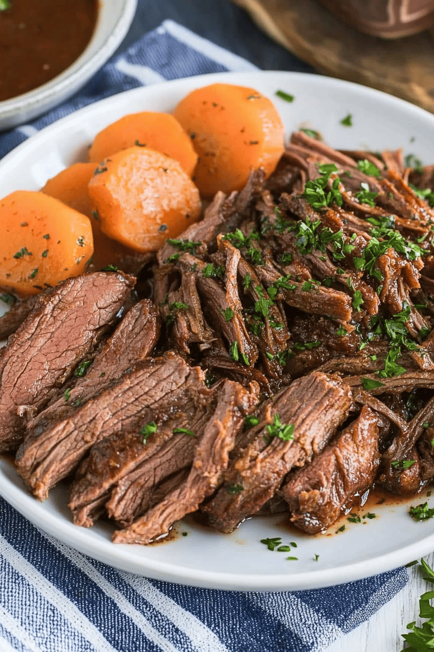 crockpot roast beef slice on plate showing perfect texture and swirl pattern