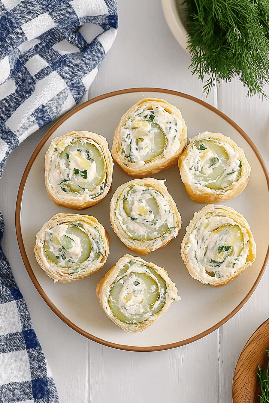 dill pickle pinwheels slice on plate showing perfect texture and swirl pattern