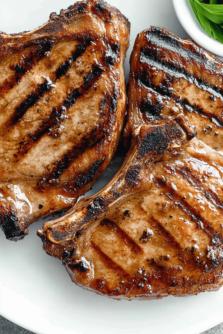 grilled pork chops slice on plate showing perfect texture and swirl pattern