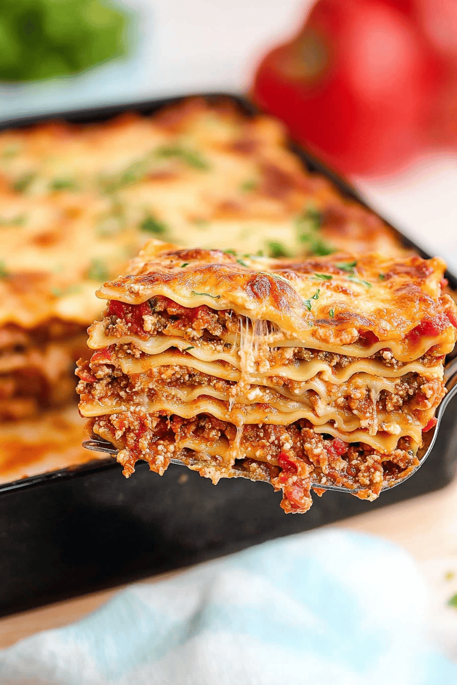homemade lasagna slice on plate showing perfect texture and swirl pattern