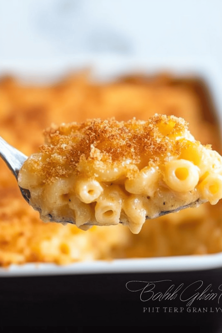macaroni and cheese slice on plate showing perfect texture and swirl pattern