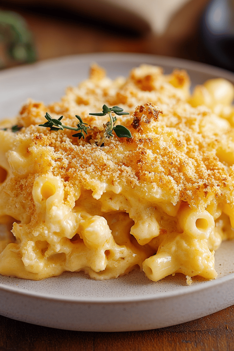 macaroni and cheese slice on plate showing perfect texture and swirl pattern
