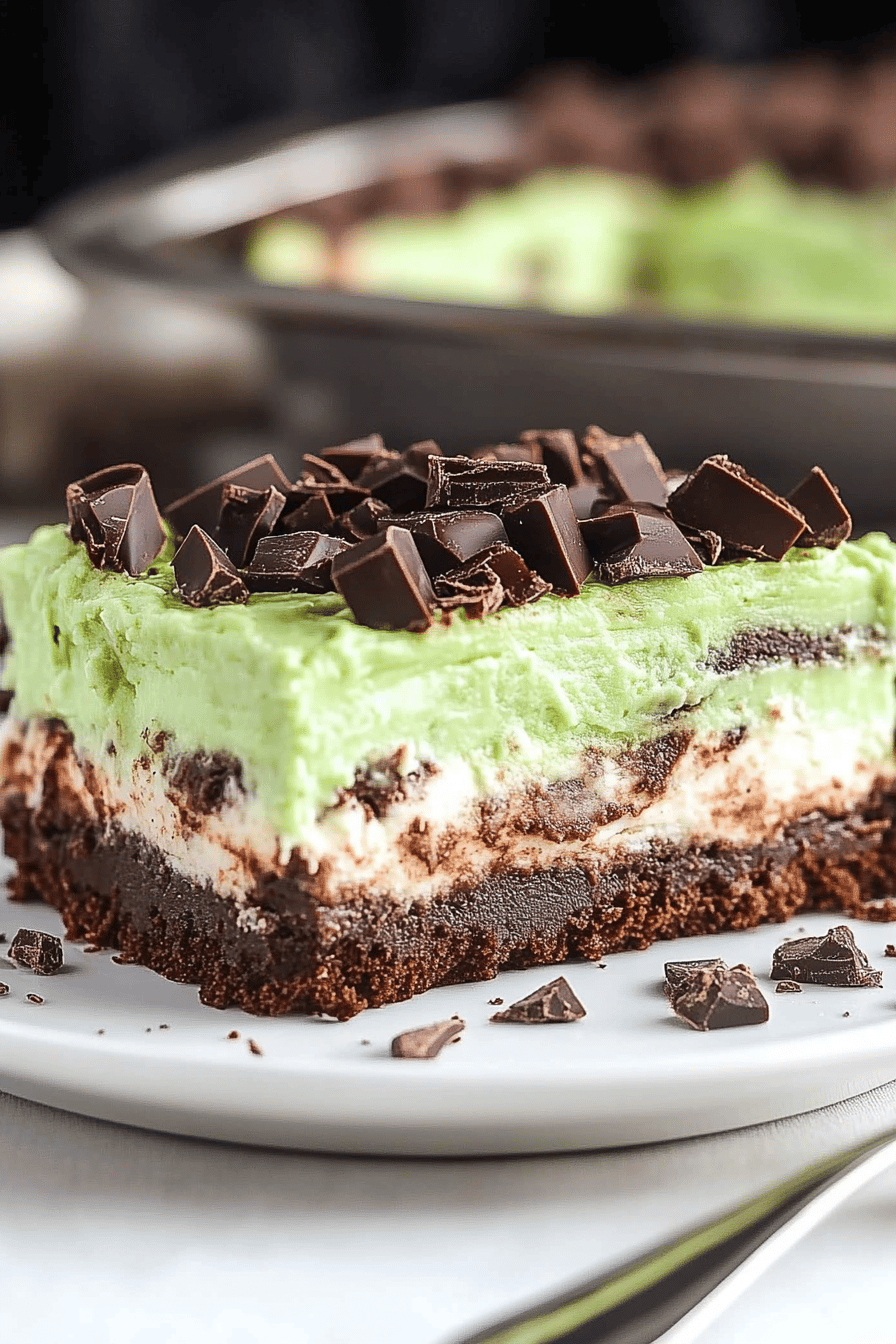mint chocolate lasagna slice on plate showing perfect texture and swirl pattern