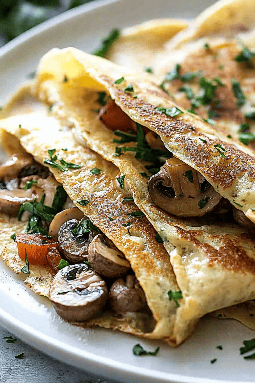 mushroom crepes slice on plate showing perfect texture and swirl pattern