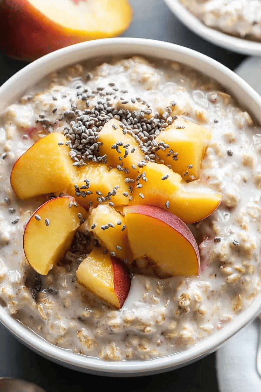 peach overnight oats ingredients organized and measured on kitchen counter