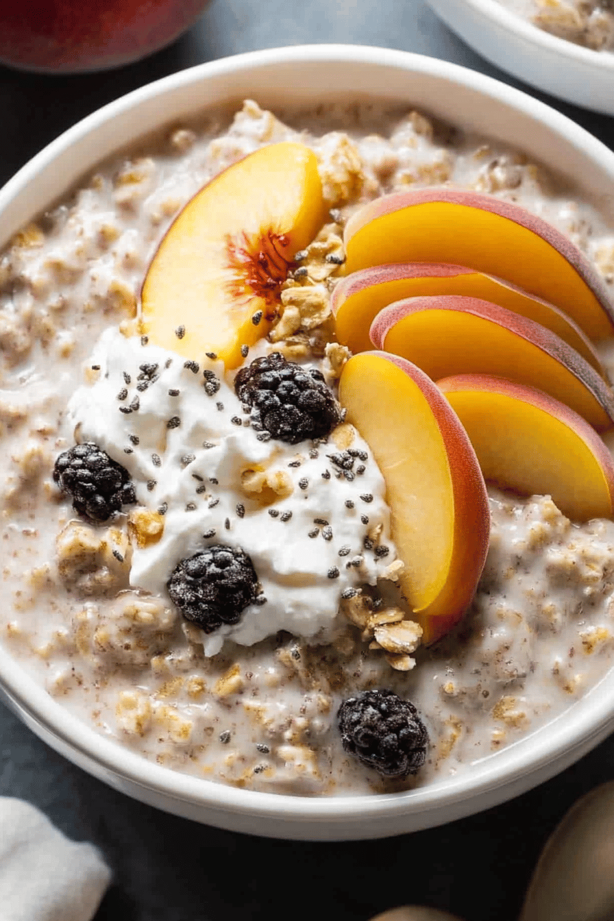 peach overnight oats slice on plate showing perfect texture and swirl pattern