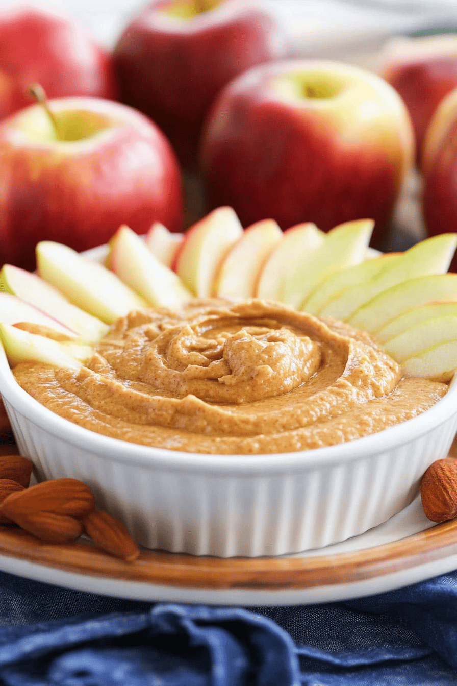 peanut butter apple dip slice on plate showing perfect texture and swirl pattern
