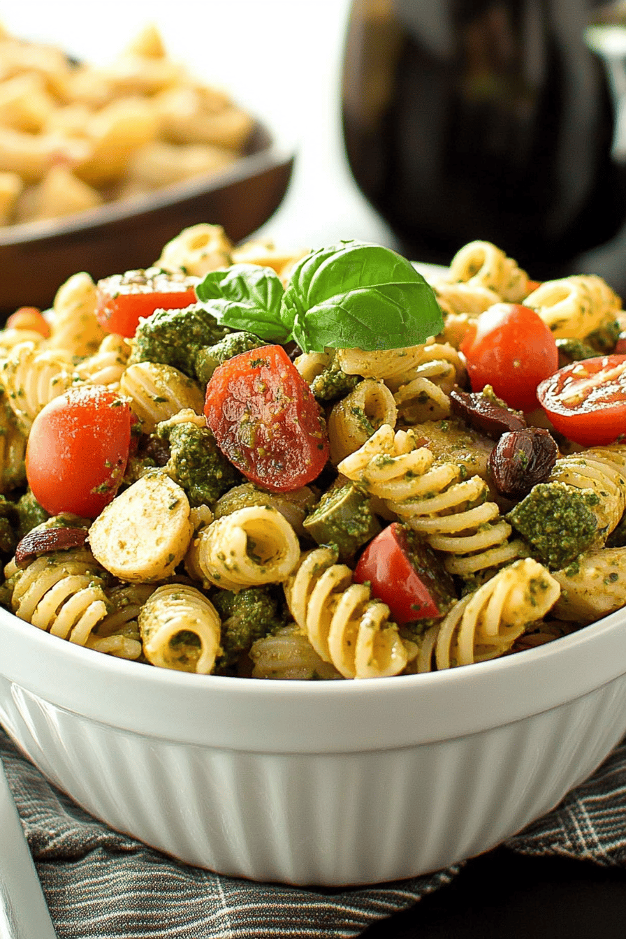 pesto pasta salad ingredients organized and measured on kitchen counter