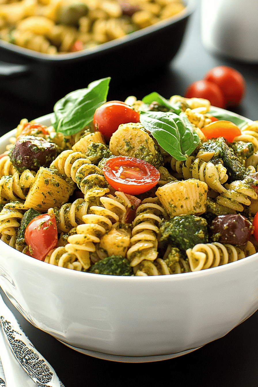 pesto pasta salad slice on plate showing perfect texture and swirl pattern