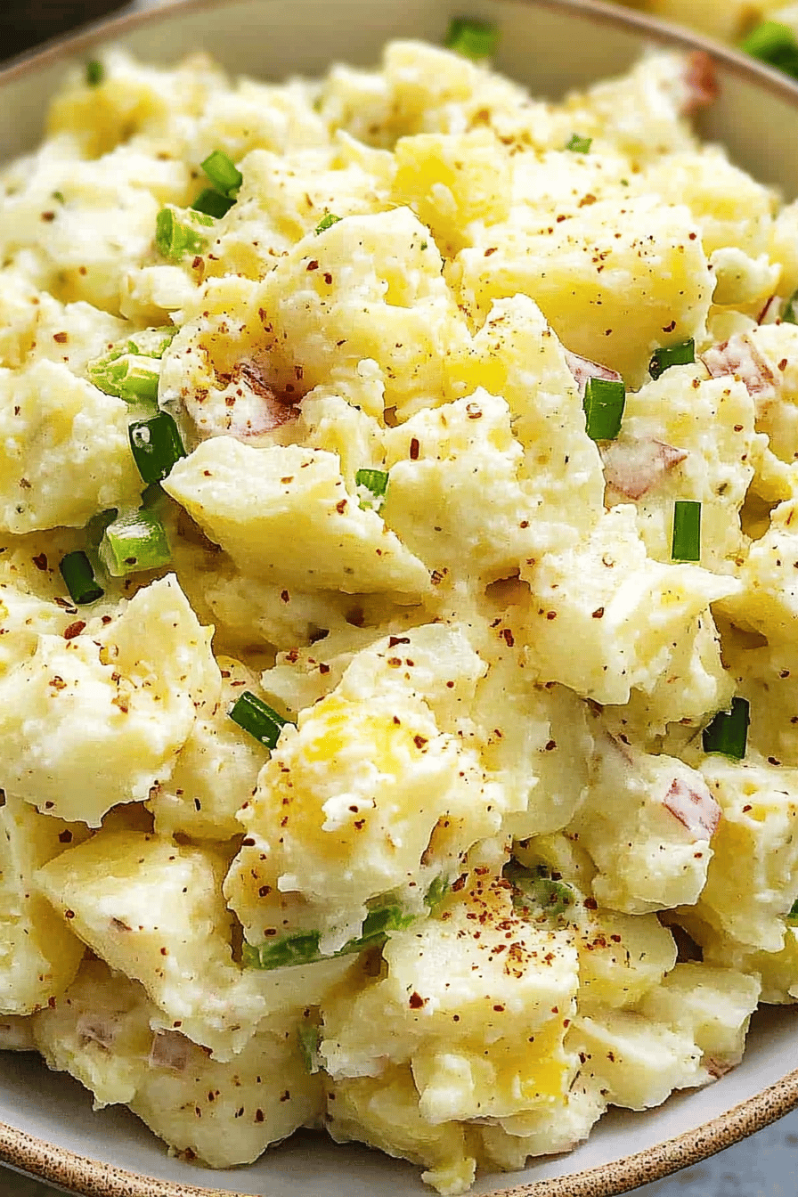 potato salad slice on plate showing perfect texture and swirl pattern
