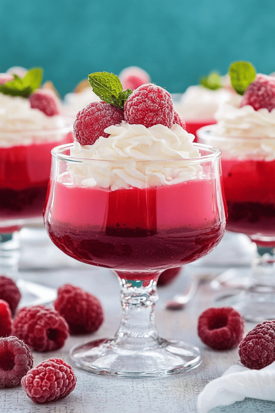 raspberry Jell-O parfaits slice on plate showing perfect texture and swirl pattern