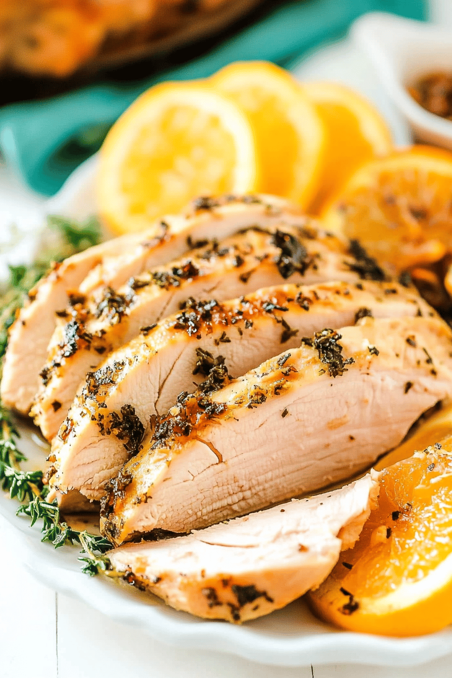 slow cooker turkey breast slice on plate showing perfect texture and swirl pattern