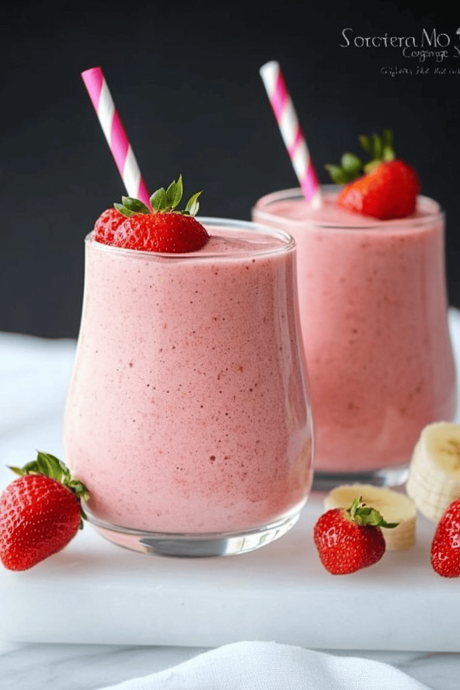 strawberry banana smoothie ingredients organized and measured on kitchen counter