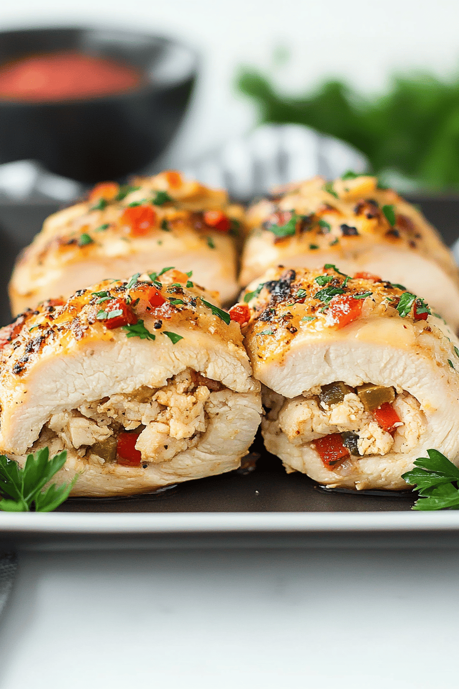 stuffed chicken breast slice on plate showing perfect texture and swirl pattern