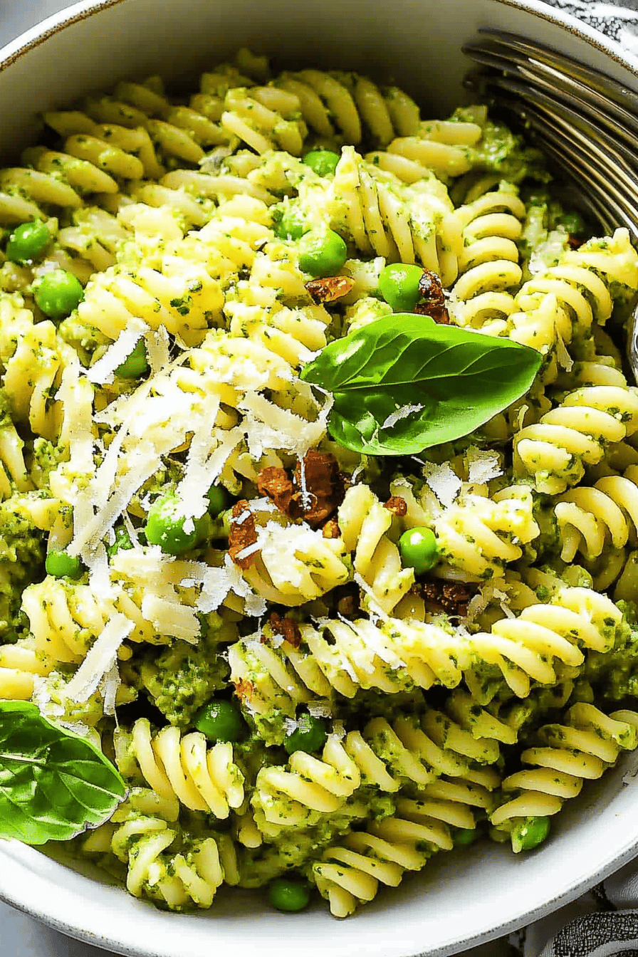 sweet pea pesto pasta slice on plate showing perfect texture and swirl pattern