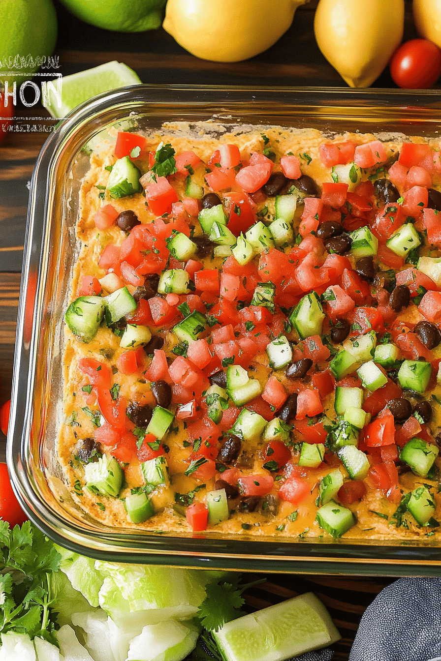 taco dip ingredients organized and measured on kitchen counter