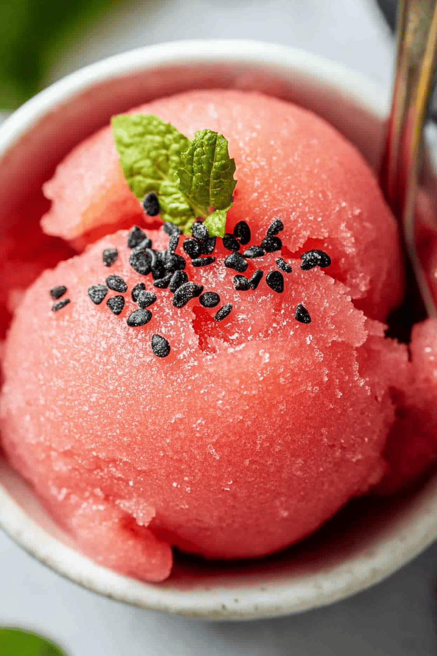 watermelon sorbet slice on plate showing perfect texture and swirl pattern