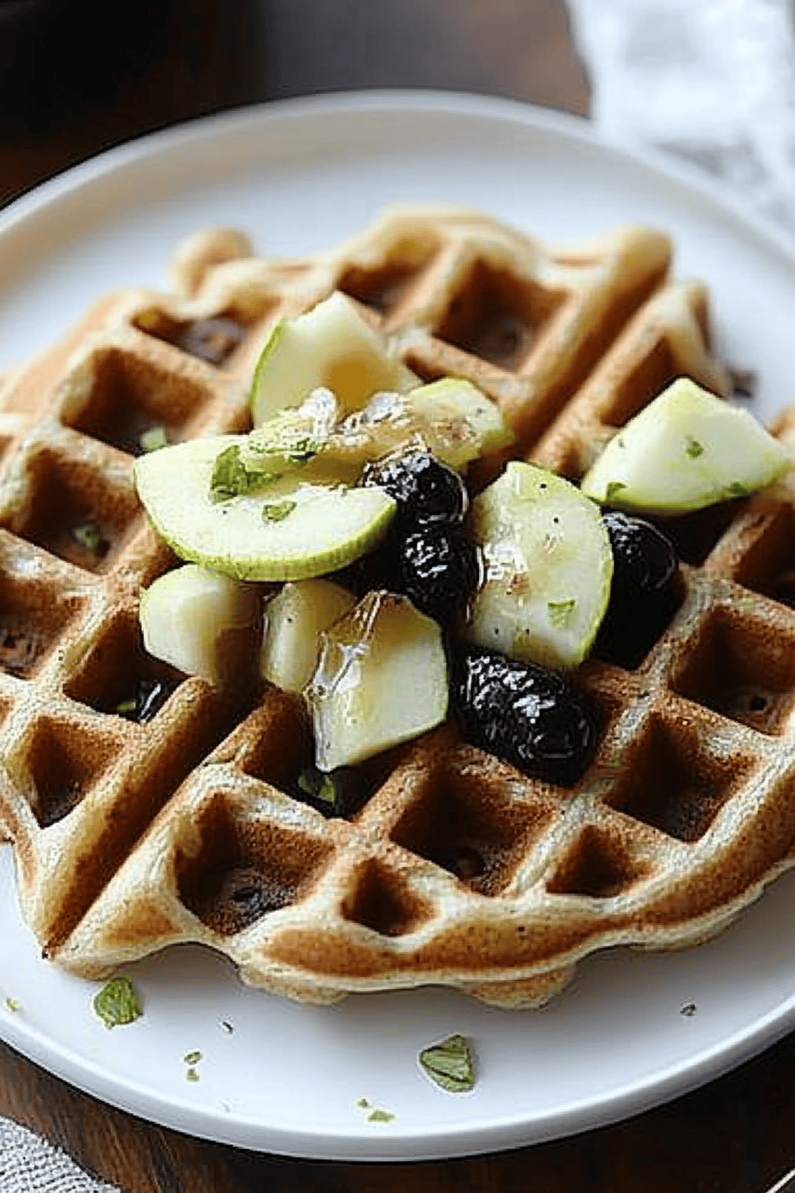 zucchini waffles slice on plate showing perfect texture and swirl pattern