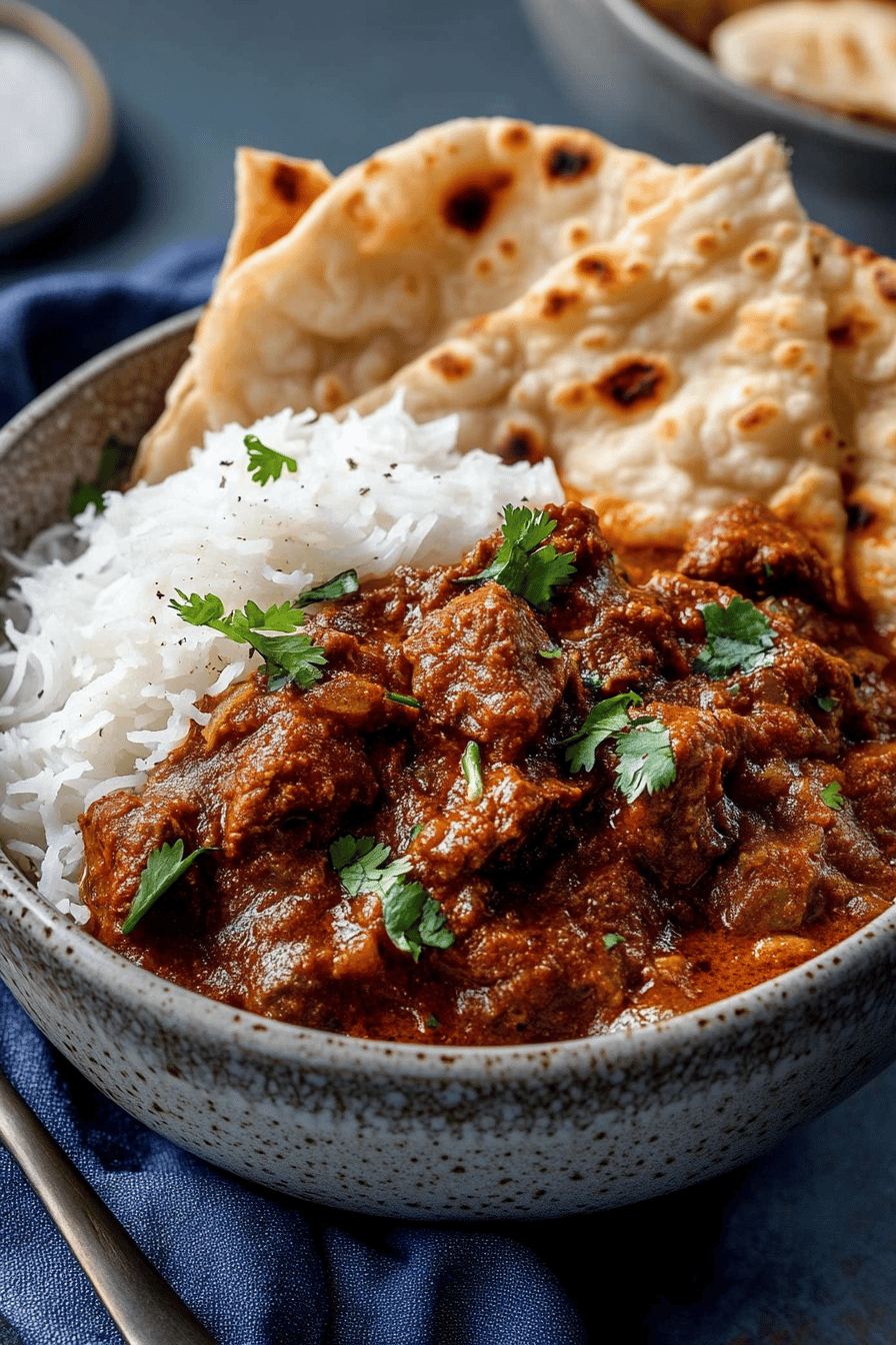 Beef Rogan Josh slice on plate showing perfect texture and swirl pattern