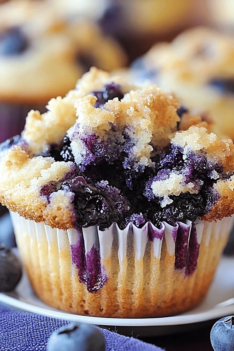 Blueberry streusel muffins slice on plate showing perfect texture and swirl pattern