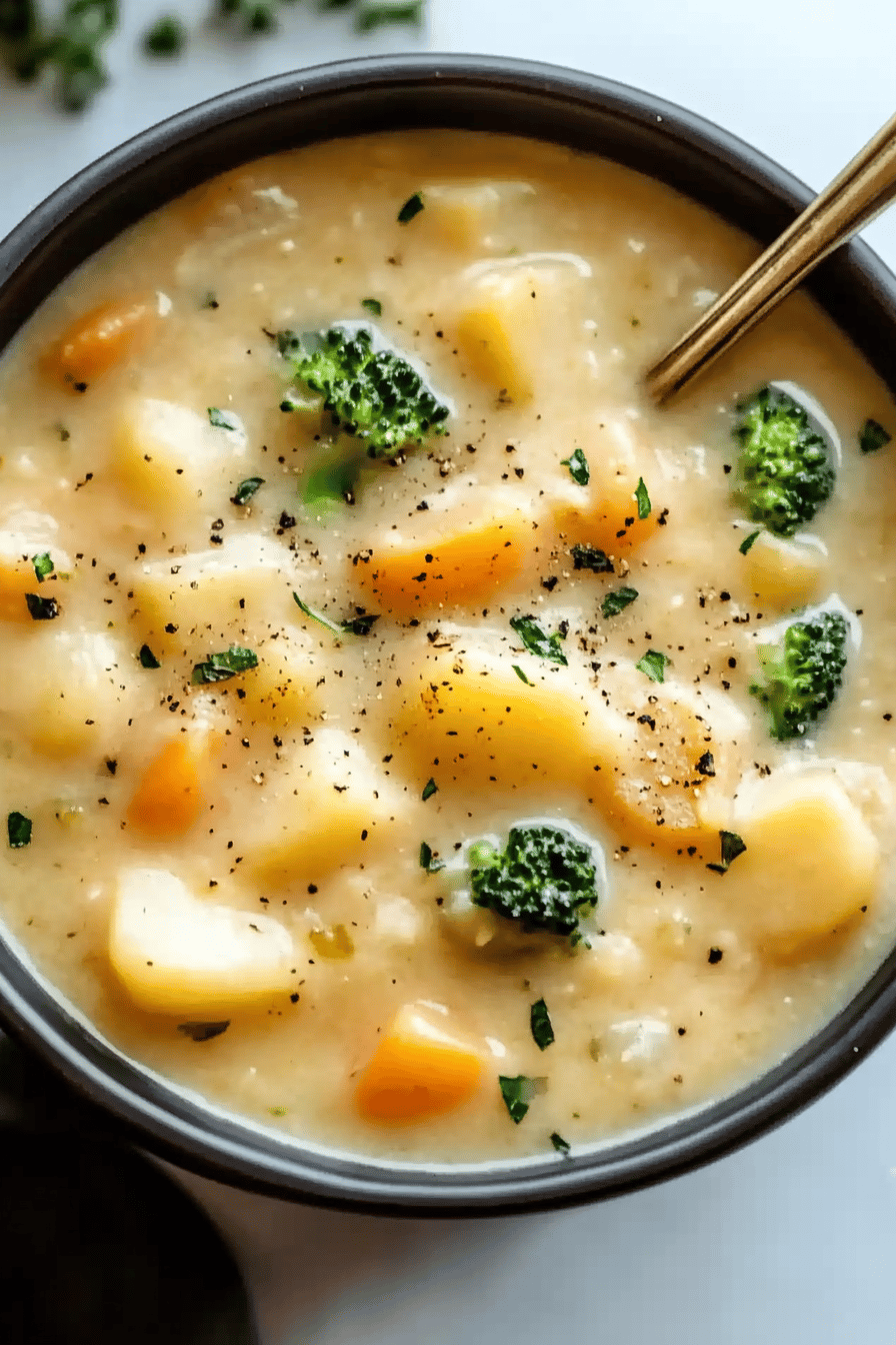 Broccoli potato soup ingredients organized and measured on kitchen counter
