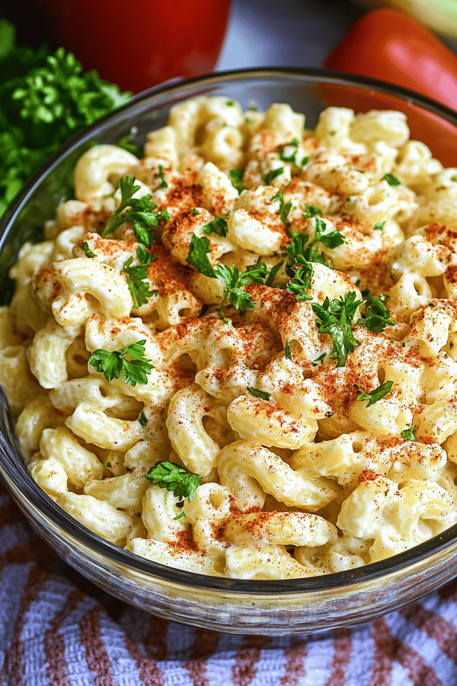 Cajun macaroni salad ingredients organized and measured on kitchen counter