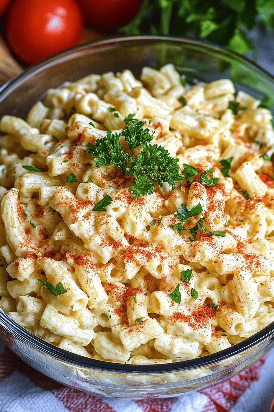 Cajun macaroni salad slice on plate showing perfect texture and swirl pattern