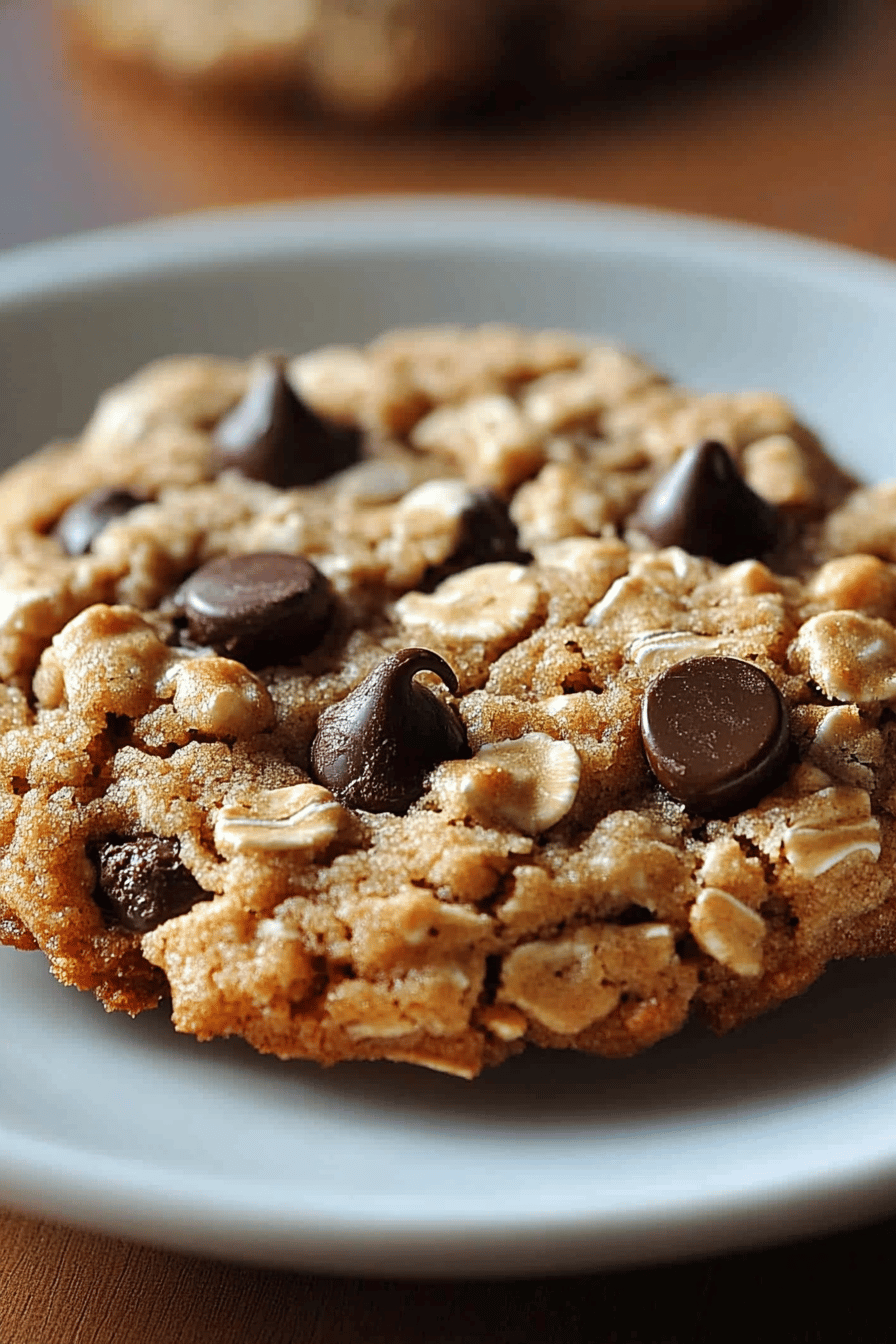 Chewy chocolate chip oatmeal cookies slice on plate showing perfect texture and swirl pattern