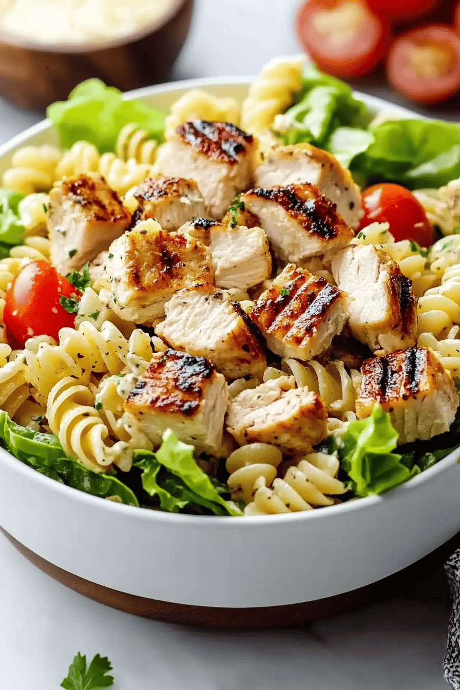 Chicken Caesar Pasta Salad ingredients organized and measured on kitchen counter