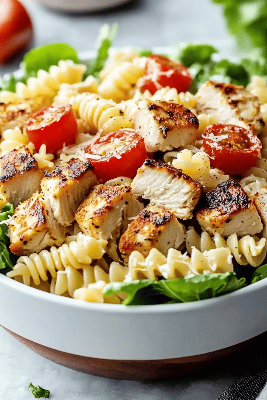 Chicken Caesar Pasta Salad slice on plate showing perfect texture and swirl pattern
