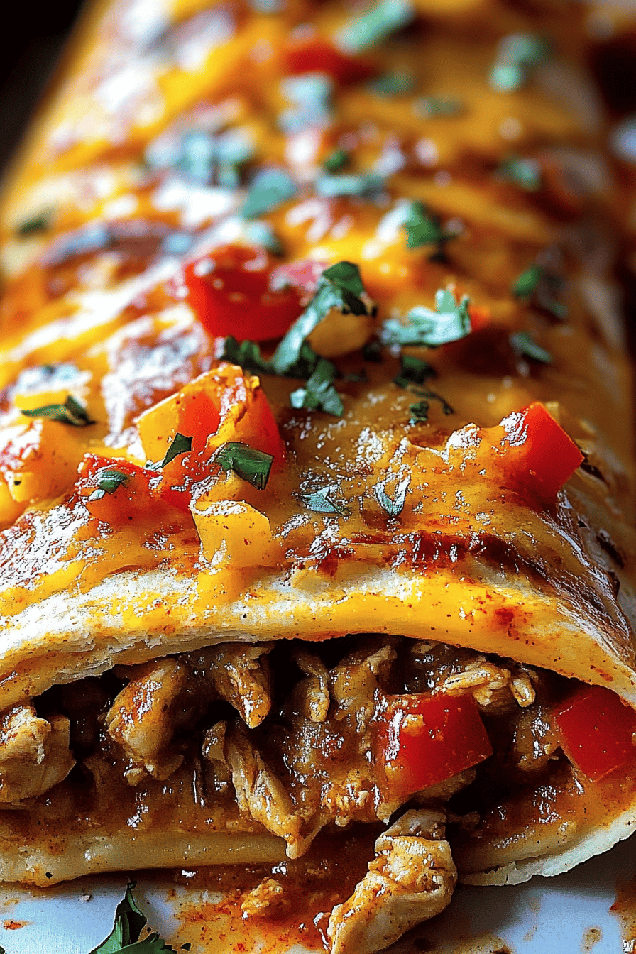 Chicken enchiladas slice on plate showing perfect texture and swirl pattern