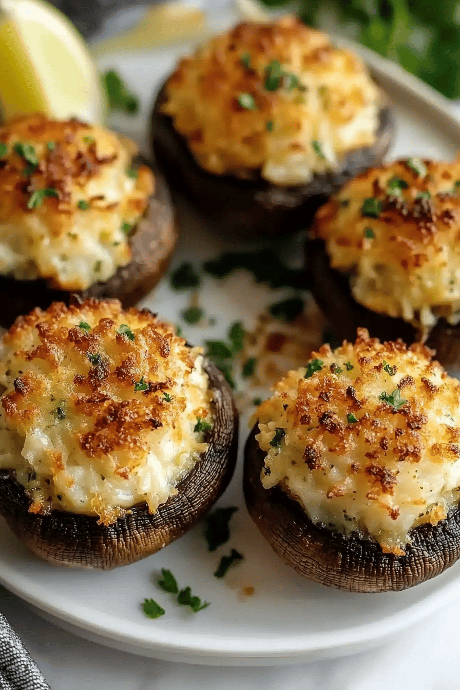 Crab stuffed mushrooms slice on plate showing perfect texture and swirl pattern
