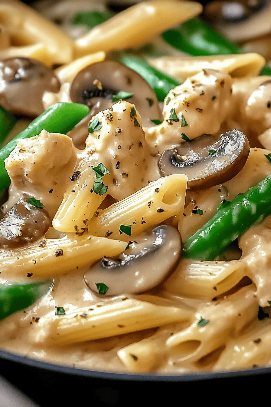 Creamy mushroom chicken penne ingredients organized and measured on kitchen counter