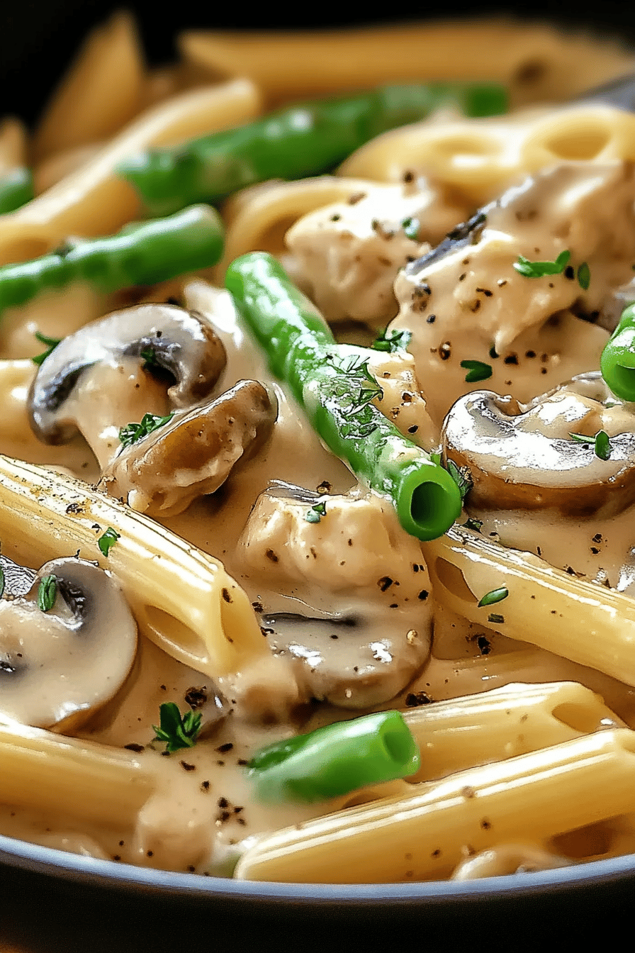Creamy mushroom chicken penne slice on plate showing perfect texture and swirl pattern