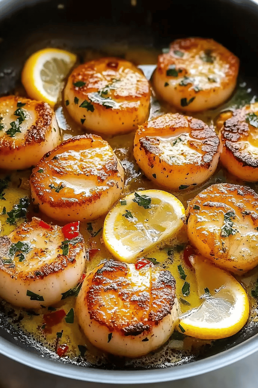 Garlic butter scallops ingredients organized and measured on kitchen counter