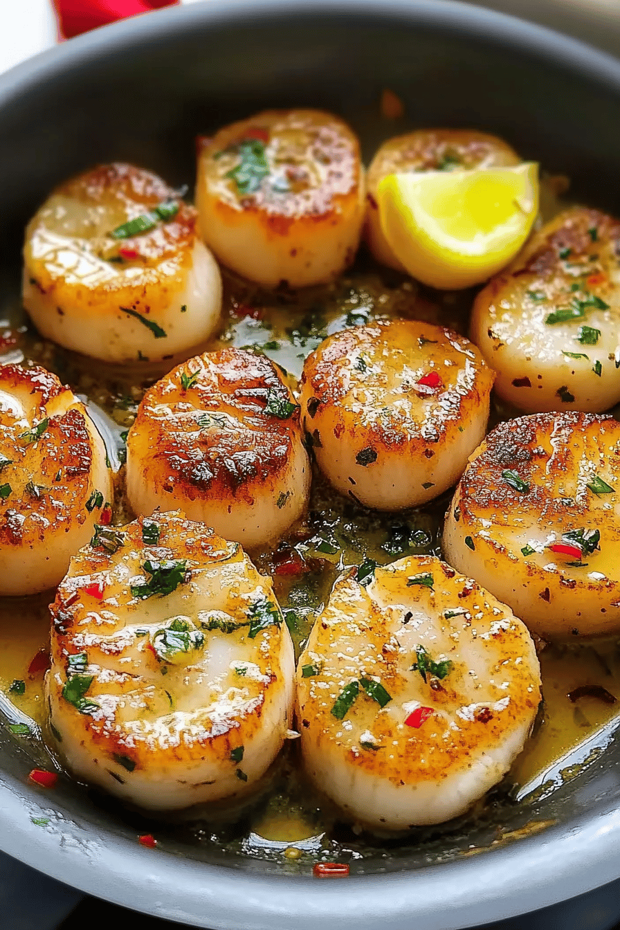 Garlic butter scallops slice on plate showing perfect texture and swirl pattern