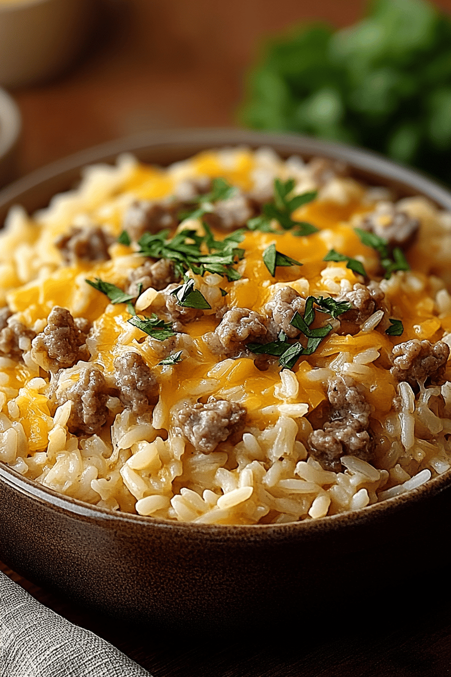 Hamburger rice casserole slice on plate showing perfect texture and swirl pattern