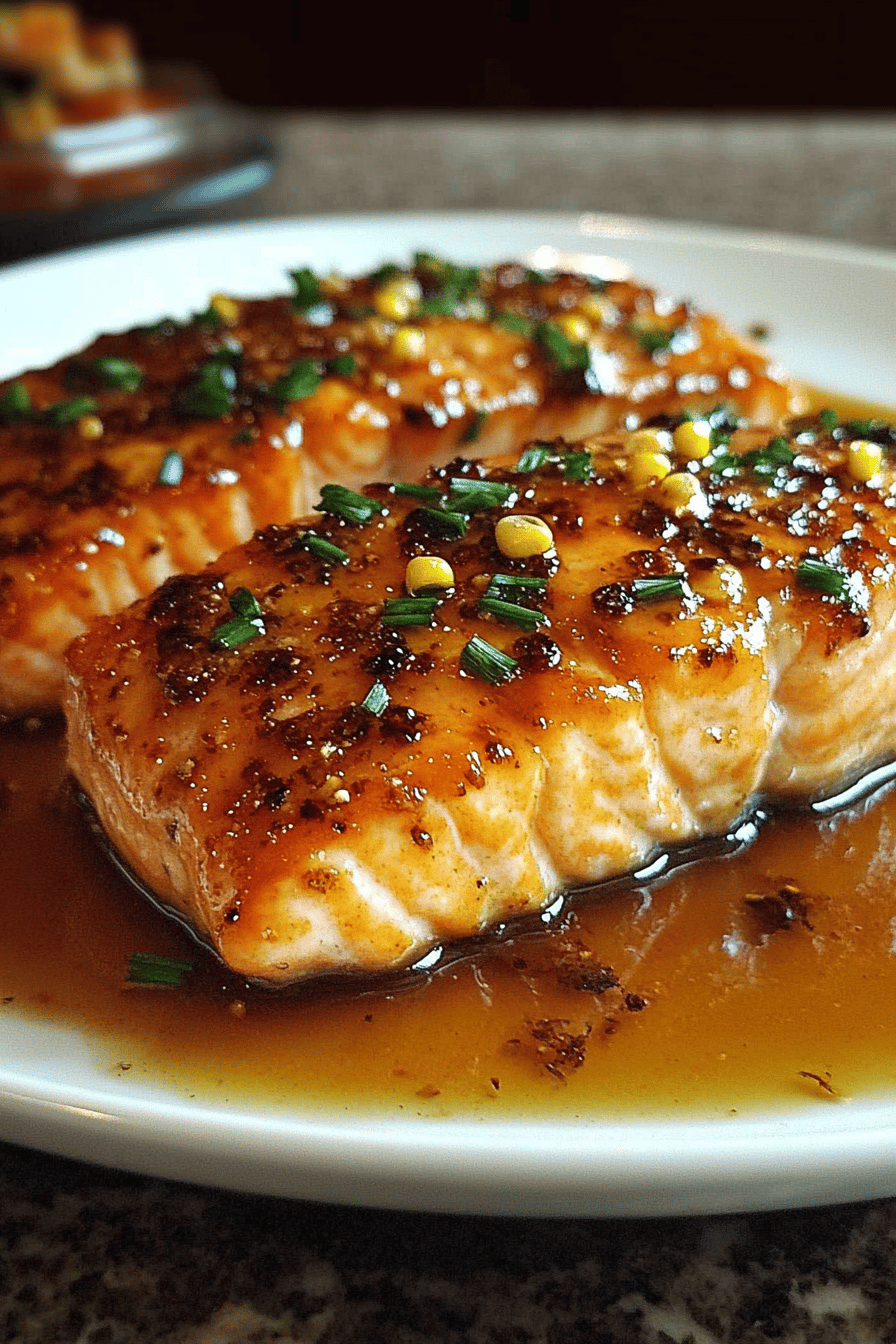 Honey garlic salmon slice on plate showing perfect texture and swirl pattern