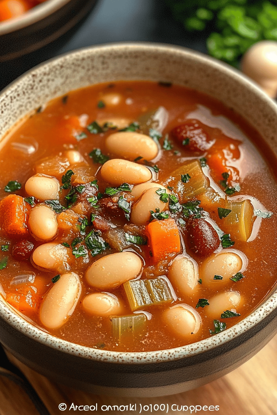 Italian bean soup ingredients organized and measured on kitchen counter