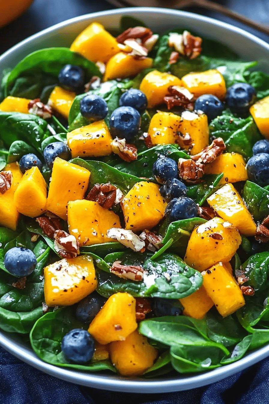 Mango spinach salad ingredients organized and measured on kitchen counter