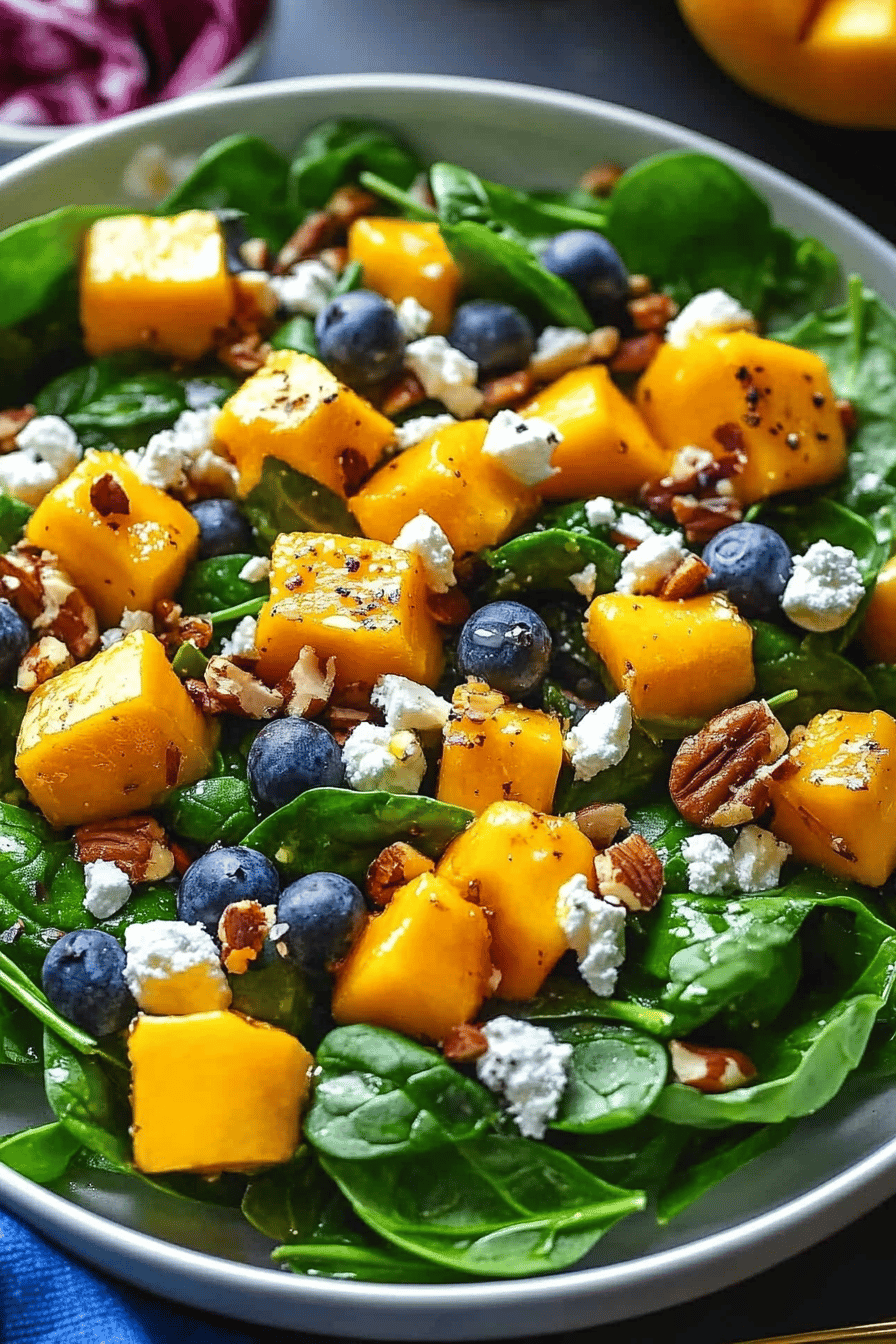 Mango spinach salad slice on plate showing perfect texture and swirl pattern