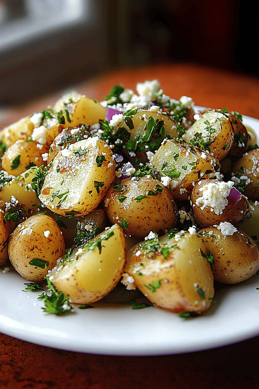 Mediterranean potato salad ingredients organized and measured on kitchen counter